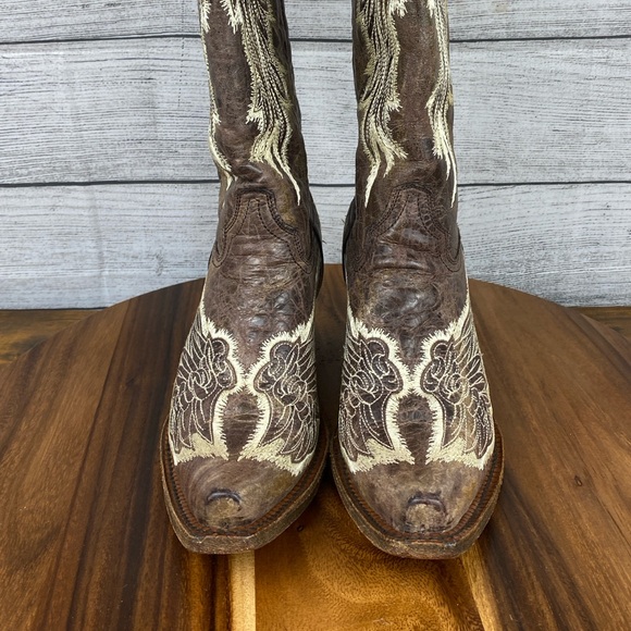 Corral Western Boot Distressed Leather Wing Embroidery Tobacco Brown 3047 Sz 7.5 - Picture 10 of 15